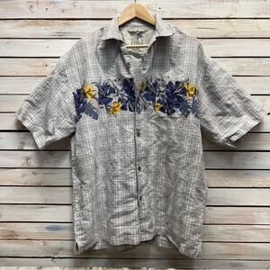 Vintage‎ Bugle Boy Plaid Floral Ramie Cotton Button Shirt 90s Y2K Short Sleeve L